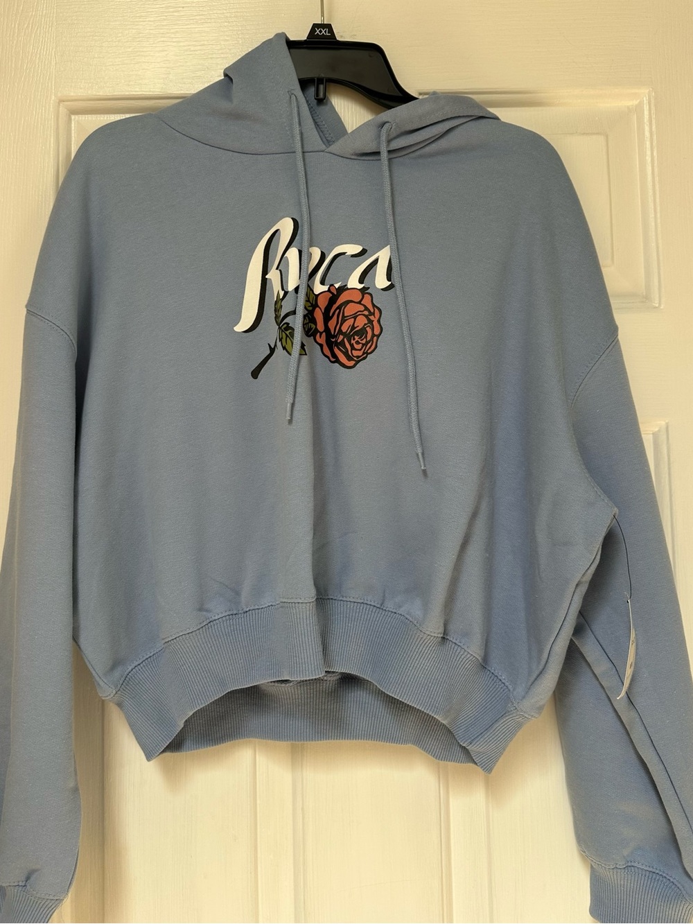 RVCA Light Blue Cropped Hoodie with Rose Logo